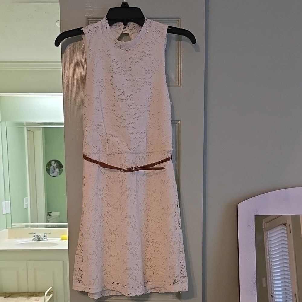 Elegant White Lace Dress with Belt